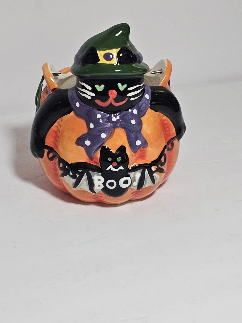 Halloween Black Cat Pumpkin Small Ceramic Candy Bucket Treat Pail BOO Decor